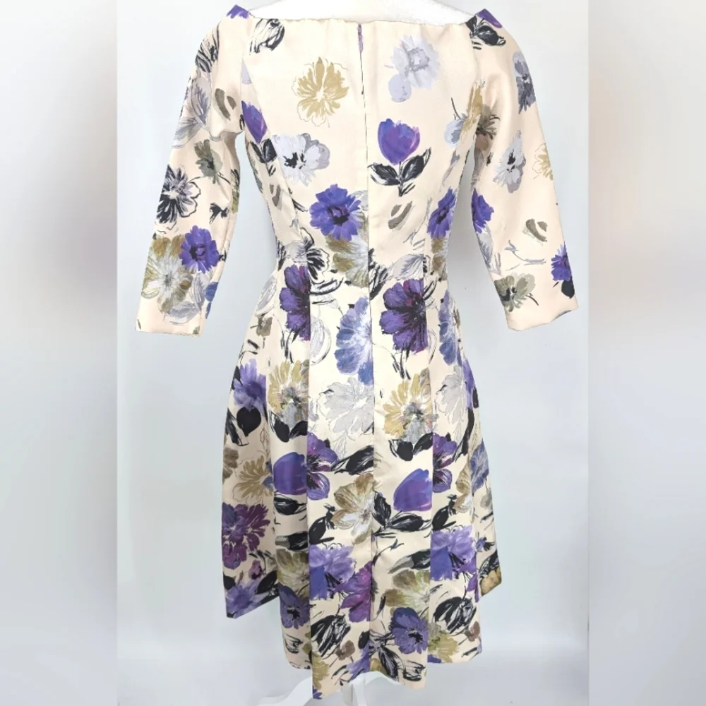 Alex Marie Purple Cream Green Floral Pleated Satin Knee Length Cocktail Dress 2
